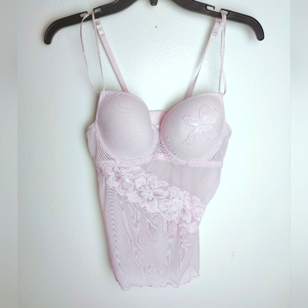 NWT Blush Lingerie Pink Mesh Floral Lace Cami Bustier Bra Top, Sz M